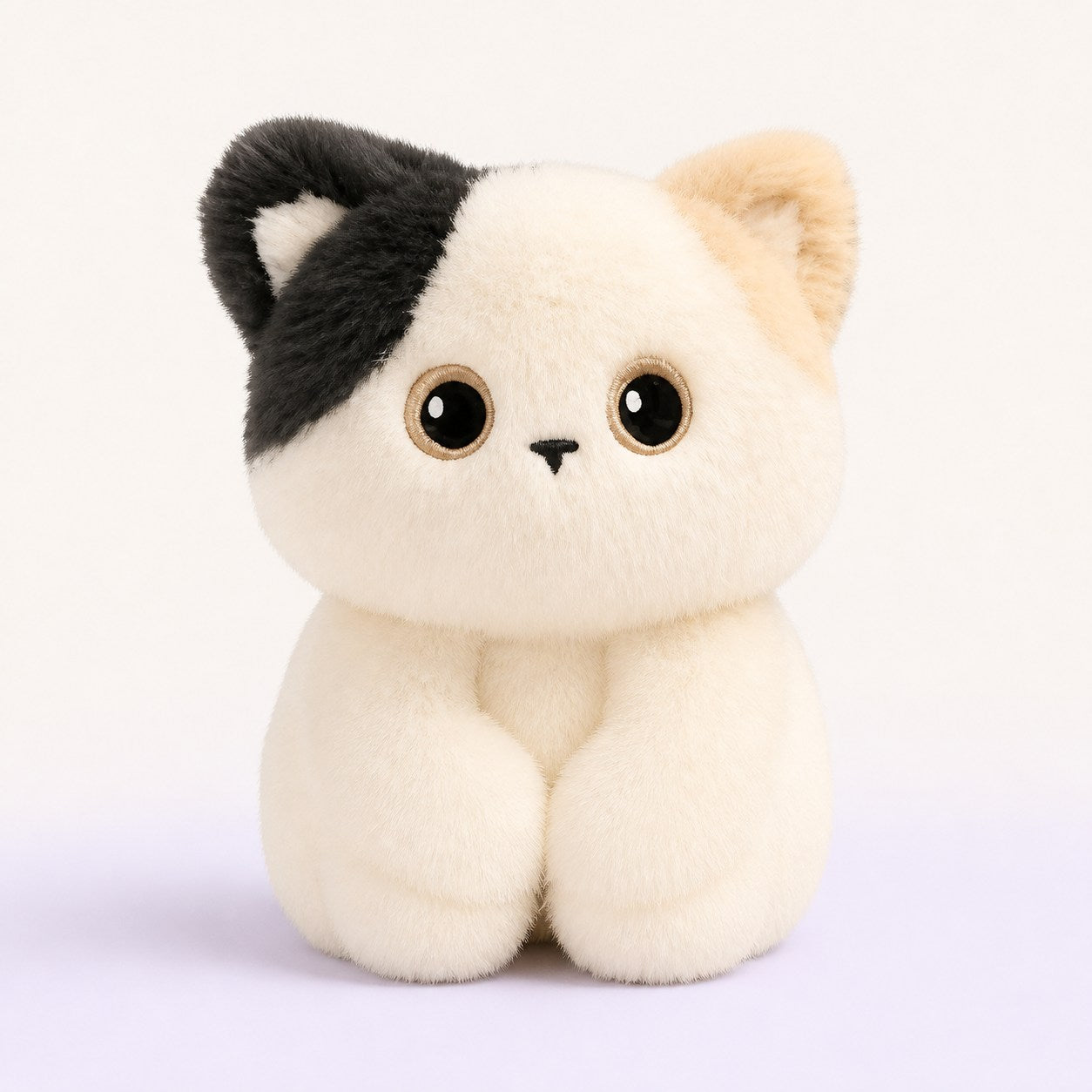 Miso the Kitten, a cream kitten plushie with a dark ear patch